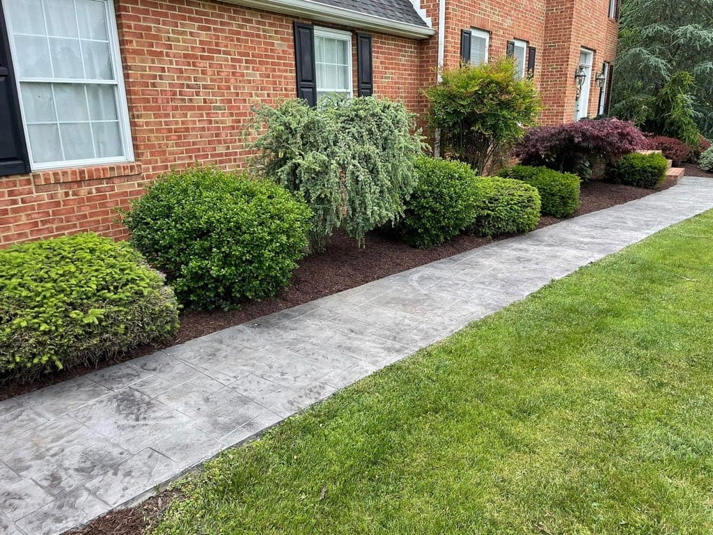 Stamped concrete walkway lined with a manicured mulched shrub row